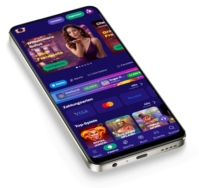 CandySpinz Casino auf dem Smartphone mit Spielen Kasse und Navigation