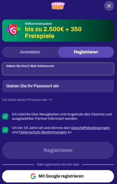 CandySpinz Registrierung mit E-Mail-Adresse Passwort und Willkommenspaket