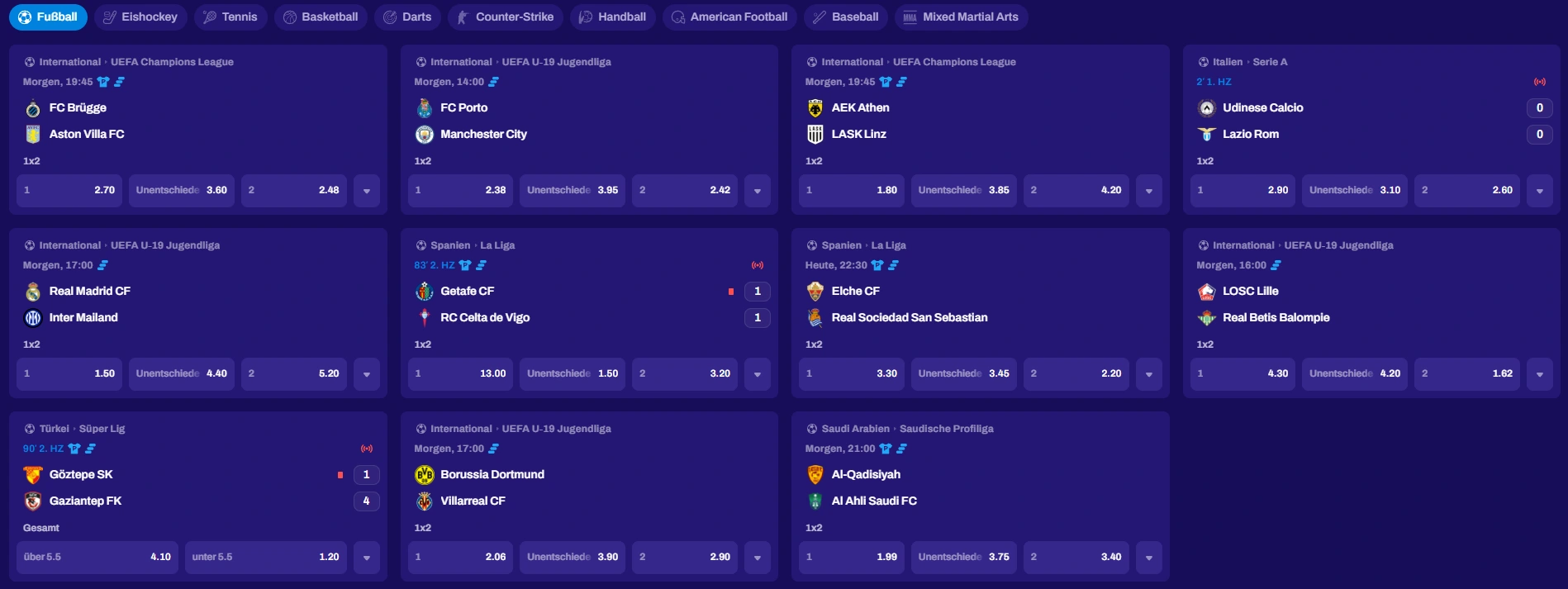 CandySpinz Sportwetten mit Fußballmärkten und Dezimalquoten